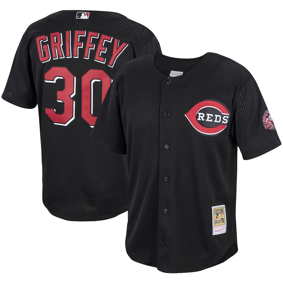 Ken Griffey Jr. Cincinnati Reds Cooperstown Collection Mesh Batting Practice Button-Up Jersey - Black